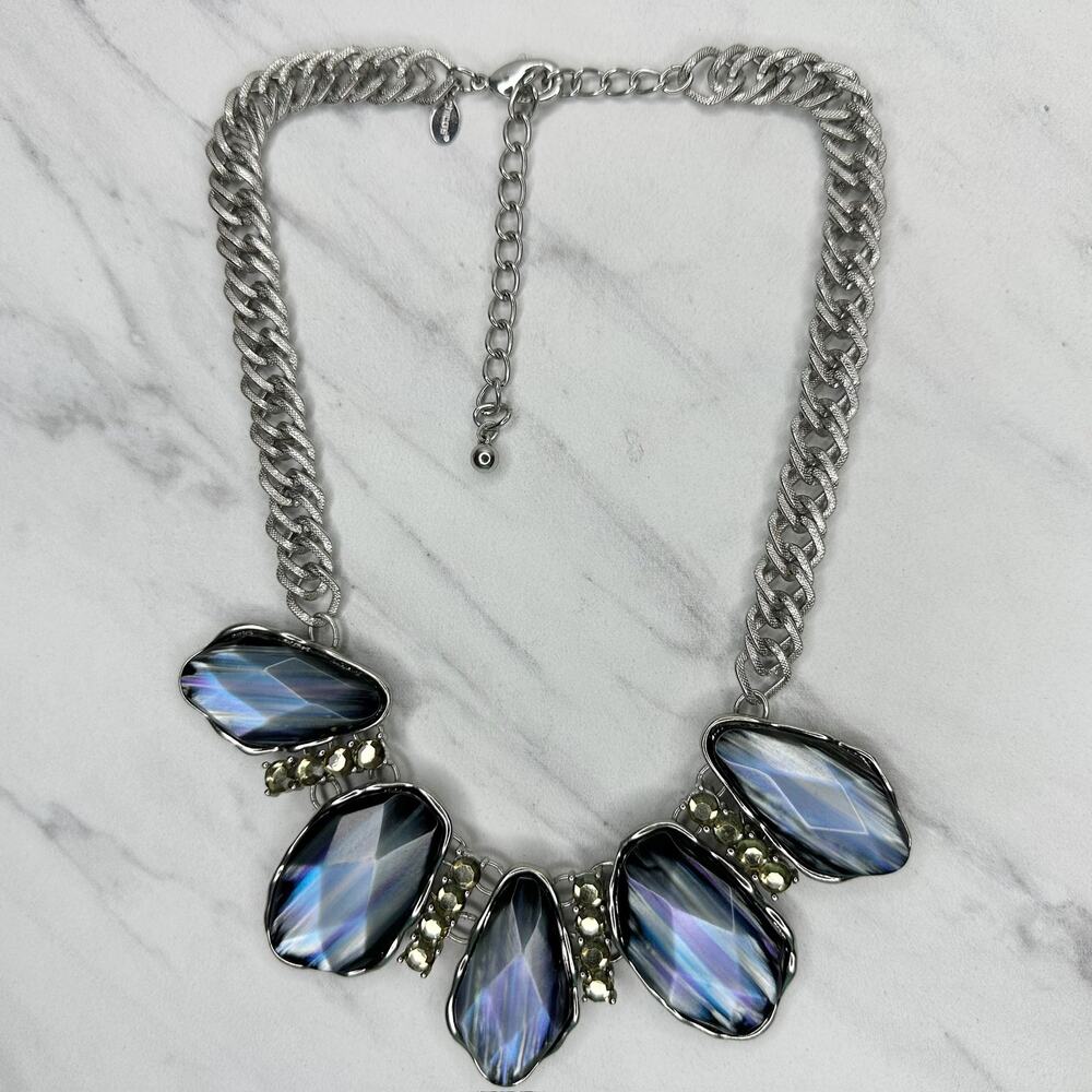 Chico's Iridescent Faceted Bib Statement Necklace Silver Tone 17.75-21.5" โจ - Picture 2 of 10
